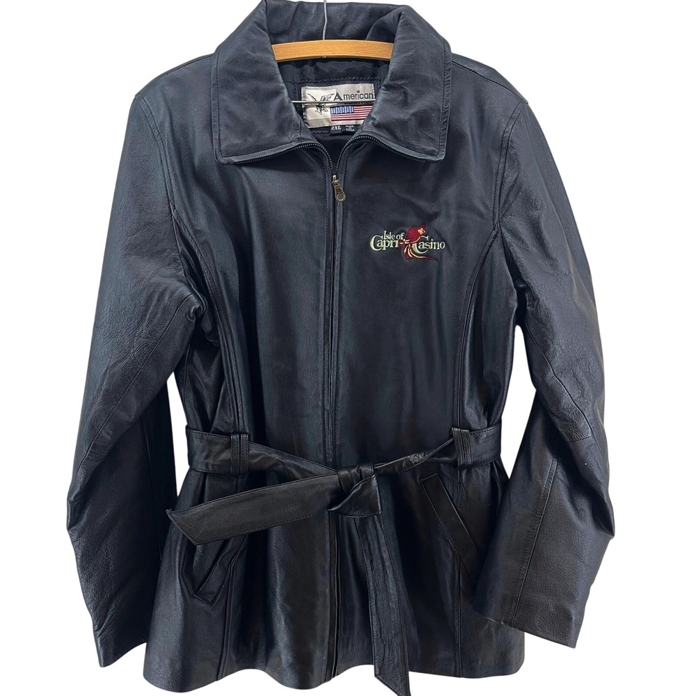 Vintage Isle of Capri Casino Embroidered Belted Leather Jacket Womens XL Retro